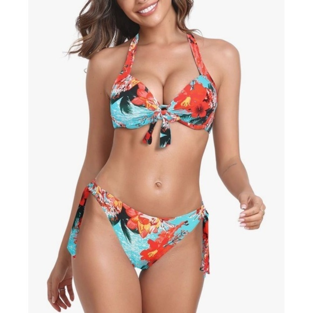 NEW Colloyes XL Tropical Floral Print Halter Tie Front Bikini Swimsuit Set - Picture 2 of 10
